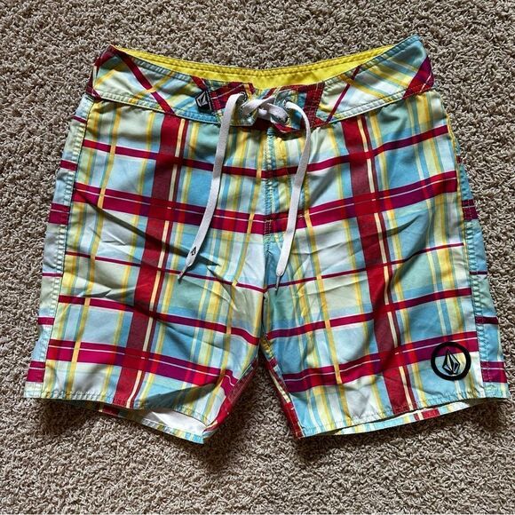 VOLCOM 32 Mens Swim BOARD SHORTS Plaid Surf Drawstring Red Blue Yellow Logo - Picture 1 of 6